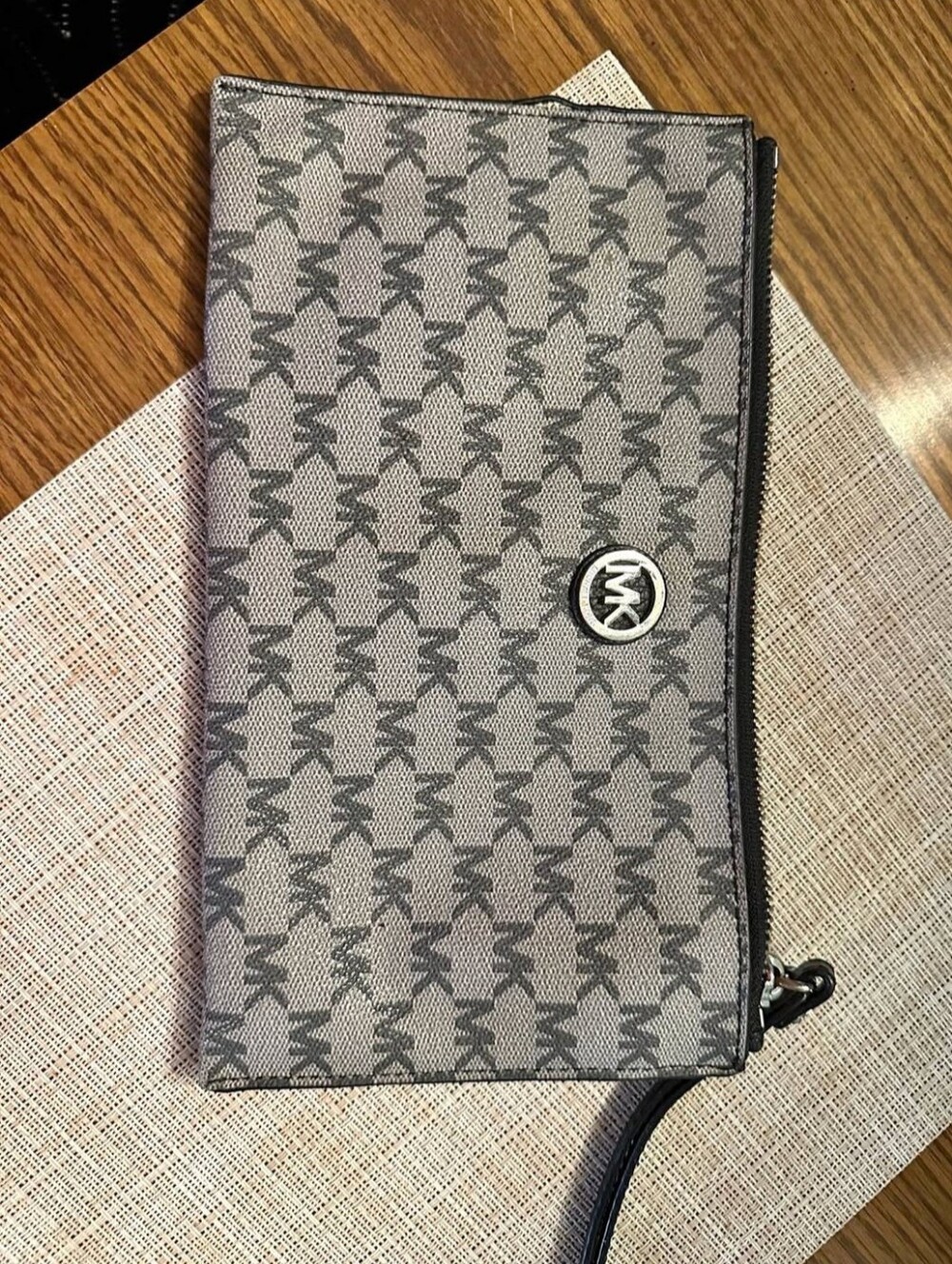 Michael Kors Gray MK Logo Wristlet Pouch with Silver Emblem